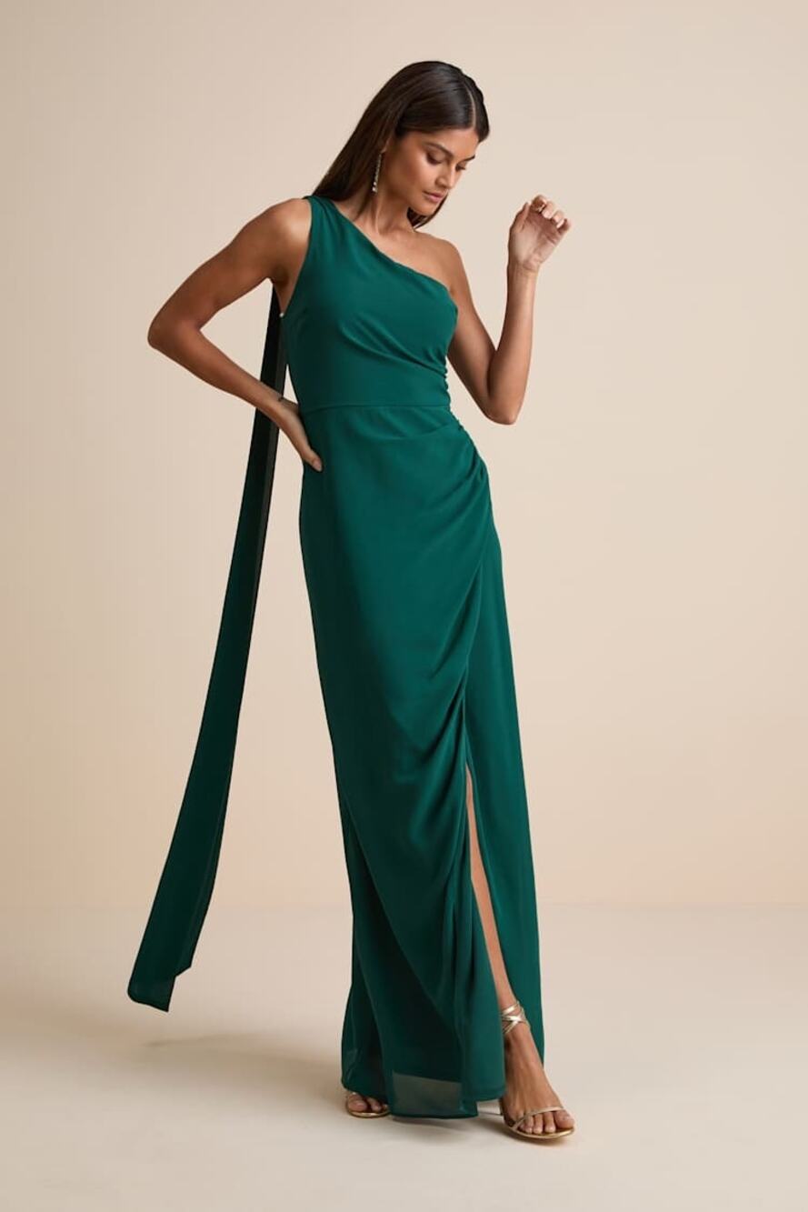 NWT Lulus Adeline Emerald One-Shoulder Scarf Maxi Dress Hoilday Party Gala Sz L